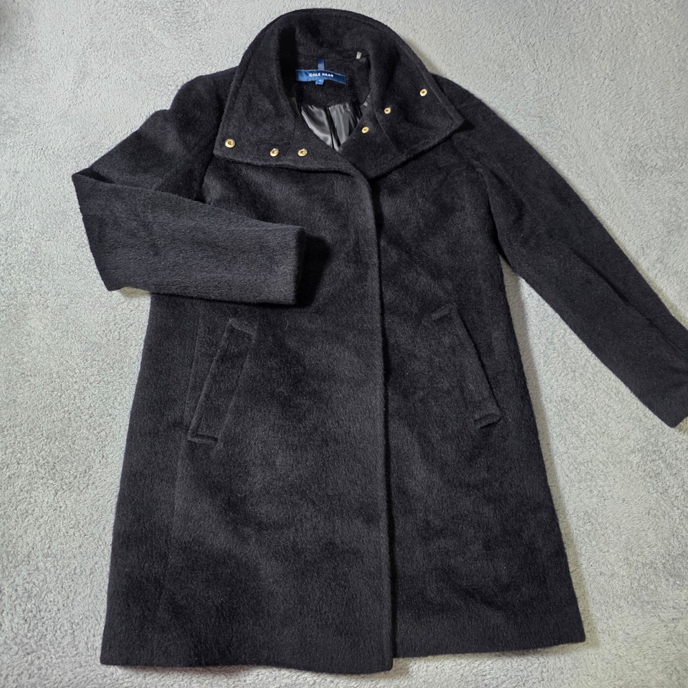 Cole Haan Womens 6 Wool Alpaca Blend Funnel Neck Coat Black Gold Snap Overcoat